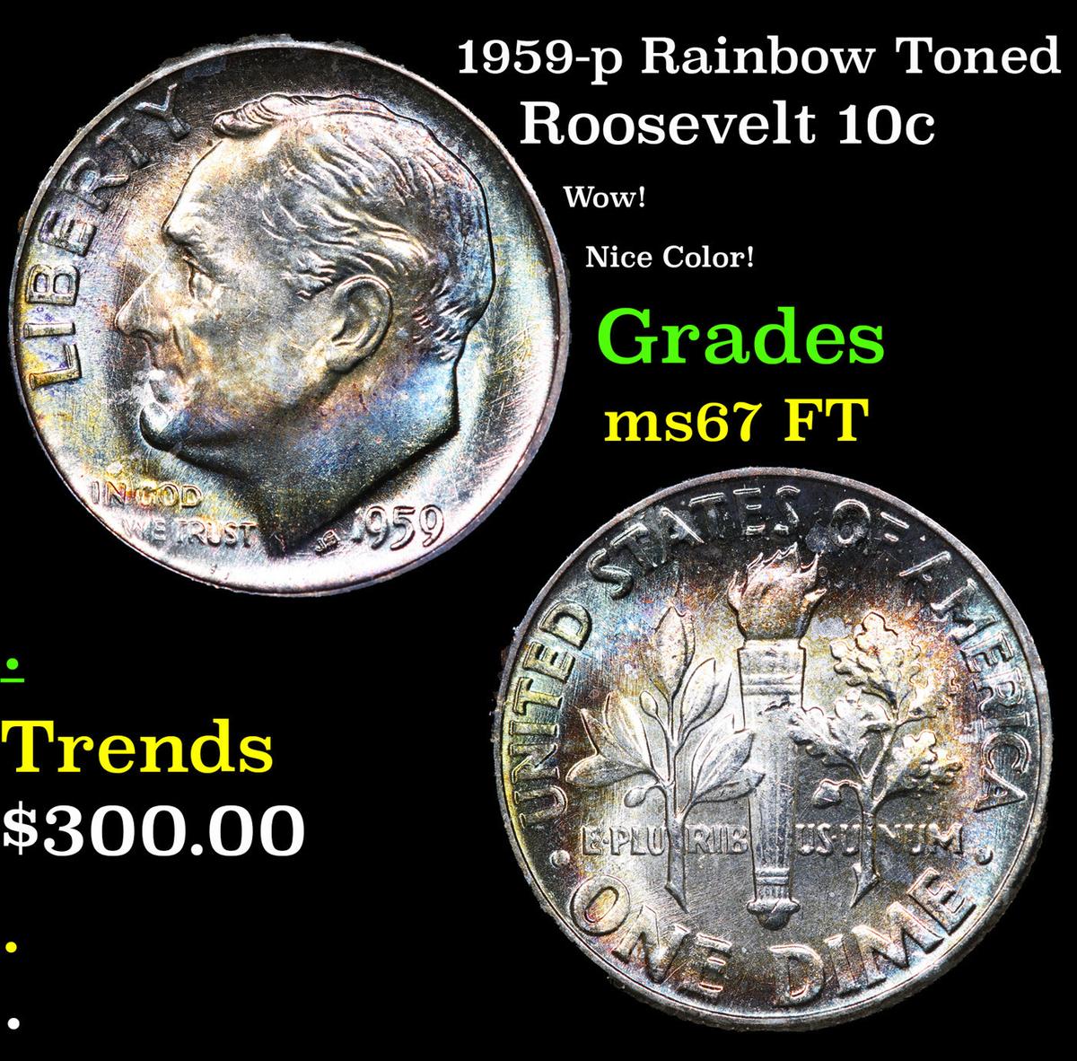 1959-p Roosevelt Dime Rainbow Toned 10c Grades GEM++ FT