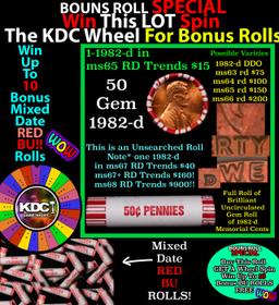 1-10 FREE BU RED Penny rolls with win of this 1982-d SOLID RED BU Lincoln 1c roll incredibly FUN whe