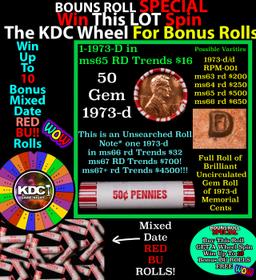 1-10 FREE BU RED Penny rolls with win of this 1973-d SOLID RED BU Lincoln 1c roll incredibly FUN whe