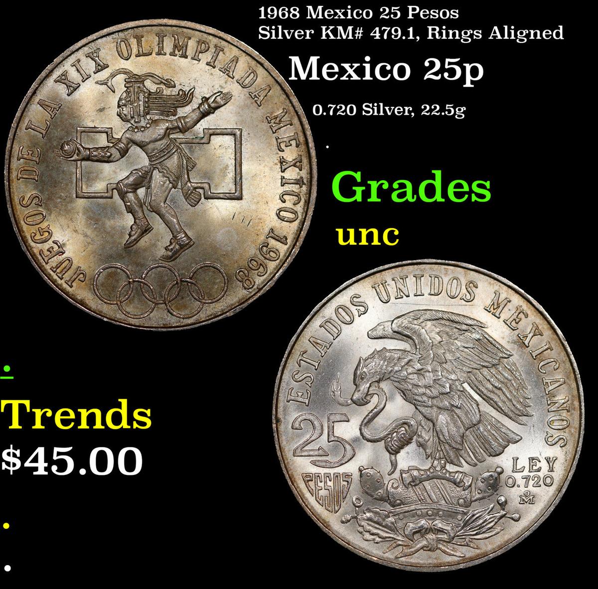 1968 Mexico 25 Pesos Silver KM# 479.1, Rings Aligned Grades Brilliant Uncirculated