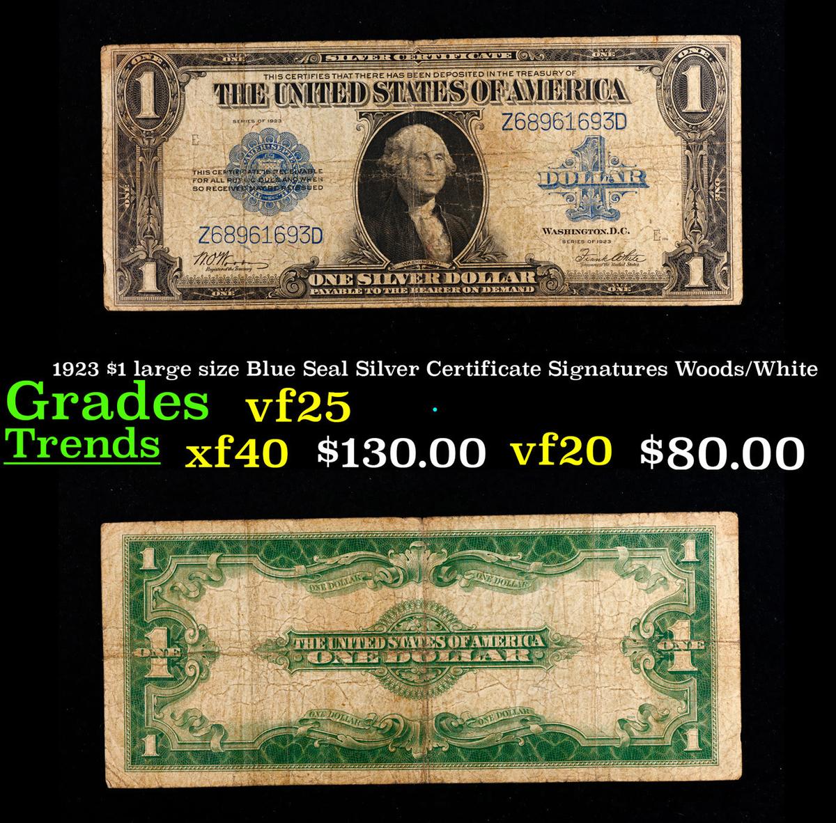 1923 $1 large size Blue Seal Silver Certificate Grades vf+ Signatures Woods/White