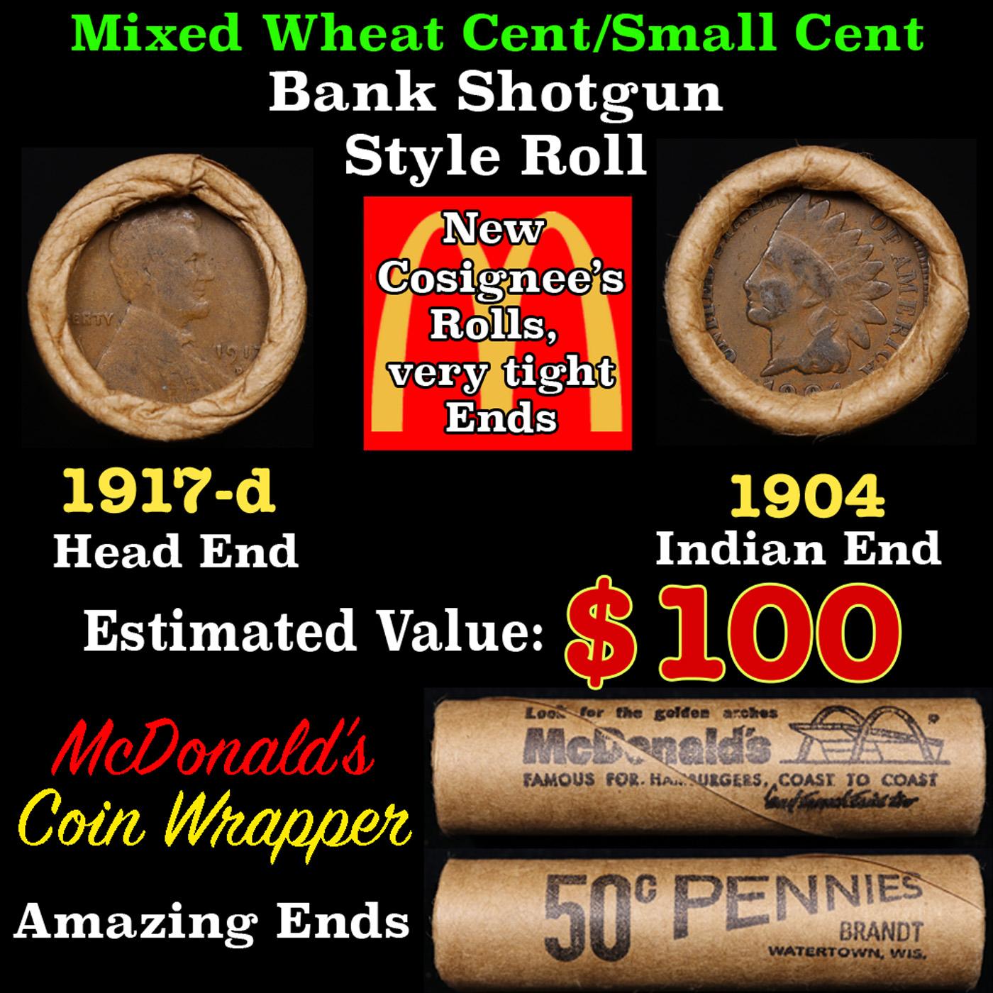 Lincoln Wheat Cent 1c Mixed Roll Orig Brandt McDonalds Wrapper, 1917-d end, 1904 Indian other end