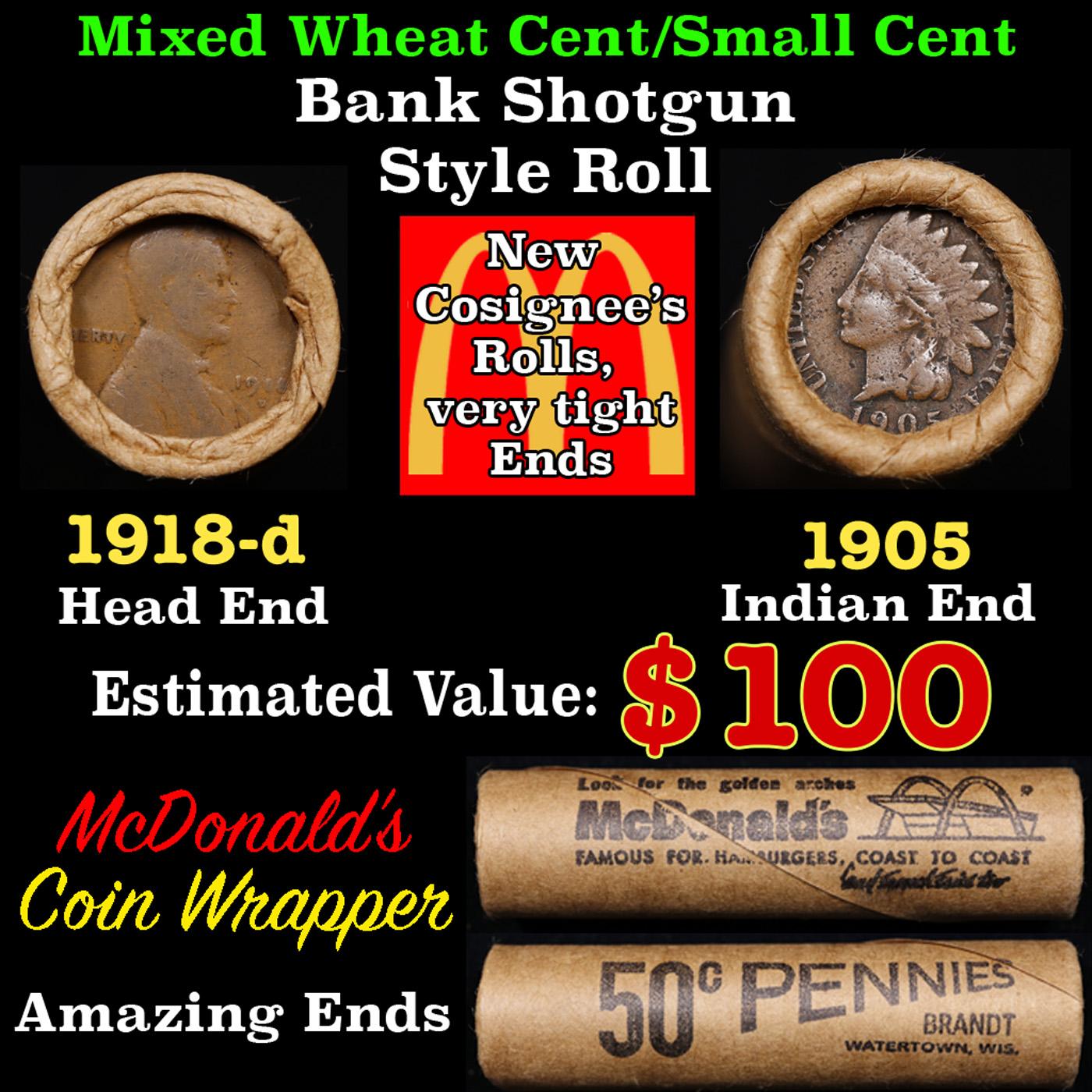 Lincoln Wheat Cent 1c Mixed Roll Orig Brandt McDonalds Wrapper, 1918-d end, 1905 Indian other end