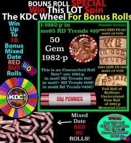 1-10 FREE BU RED Penny rolls with win of this 1982-p SOLID RED BU Lincoln 1c roll incredibly FUN whe