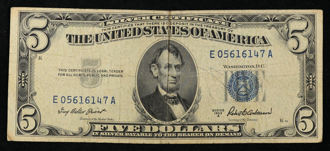 1953A $5 Blue Seal Silver Certificate Grades vf++