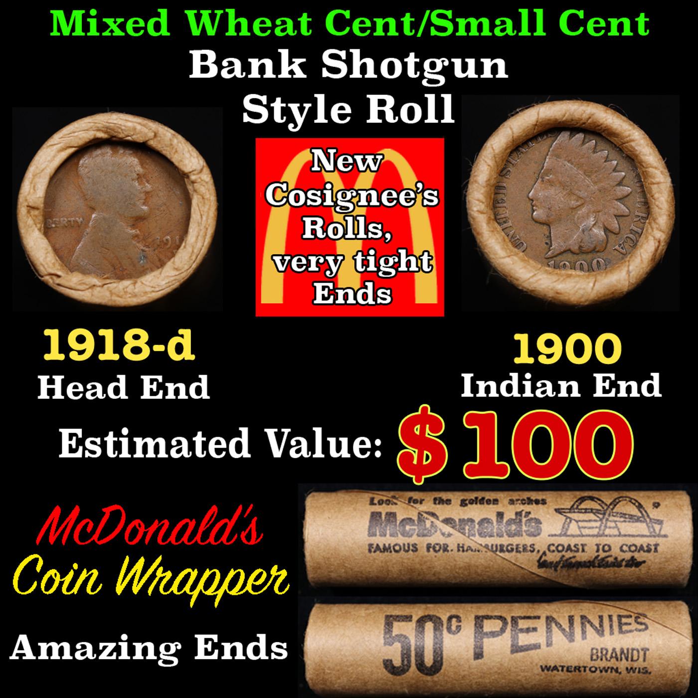 Lincoln Wheat Cent 1c Mixed Roll Orig Brandt McDonalds Wrapper, 1918-d end, 1900 Indian other end