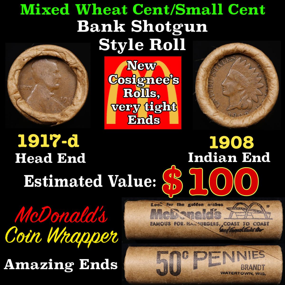 Lincoln Wheat Cent 1c Mixed Roll Orig Brandt McDonalds Wrapper, 1917-d end, 1908 Indian other end