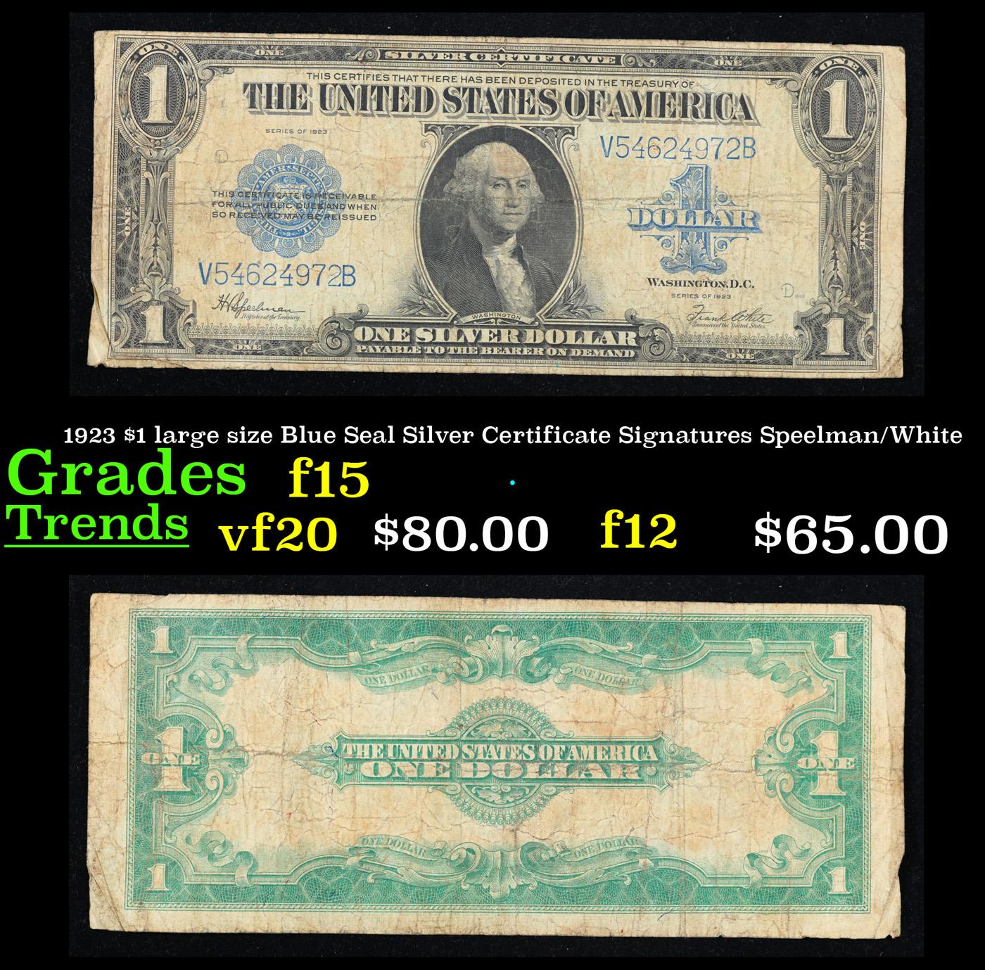 1923 $1 large size Blue Seal Silver Certificate Grades f+ Signatures Speelman/White