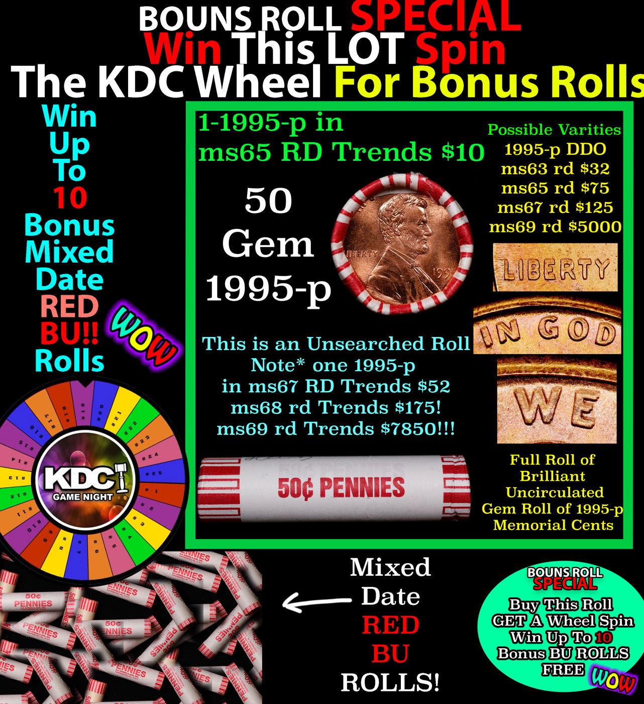 CRAZY Penny Wheel Buy THIS 1995-p solid Red BU Lincoln 1c roll & get 1-10 BU Red rolls FREE WOW