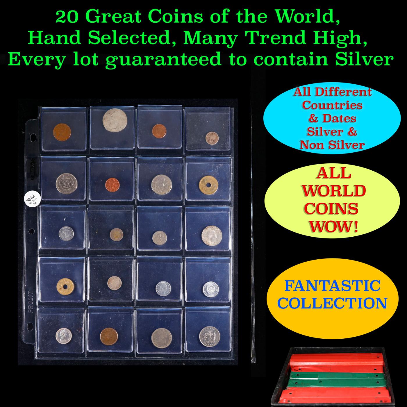 20 Great Coins of the World, hand selected, many trend high, every lot guaranteed to contain Silver.