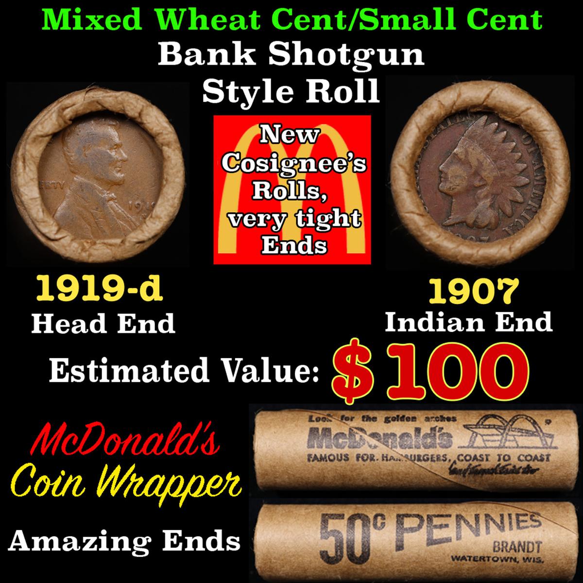 Lincoln Wheat Cent 1c Mixed Roll Orig Brandt McDonalds Wrapper, 1919-d end, 1907 Indian other end