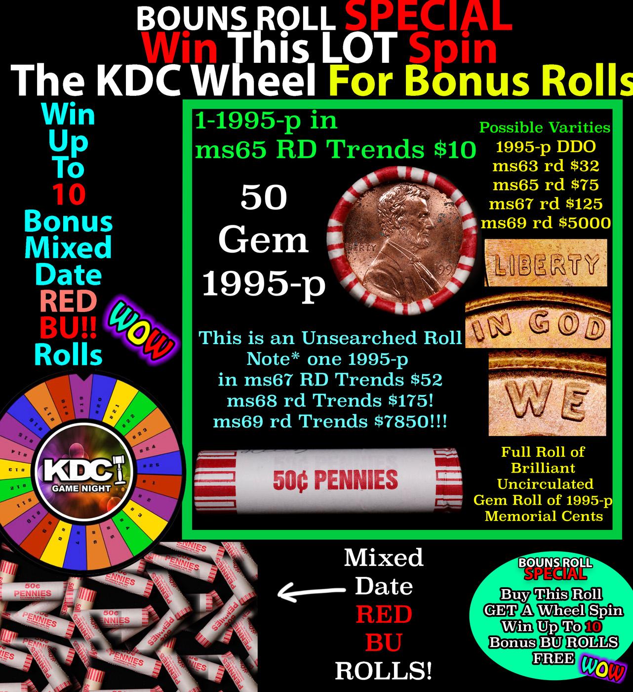 CRAZY Penny Wheel Buy THIS 1995-p solid Red BU Lincoln 1c roll & get 1-10 BU Red rolls FREE WOW