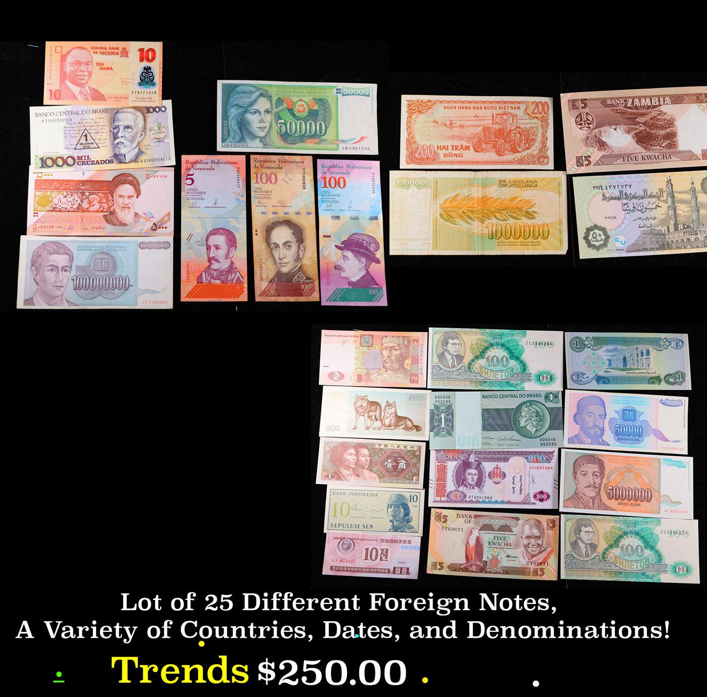 Lot of 25 Different Foreign Notes, A Variety of Countries, Dates, and Denominations!