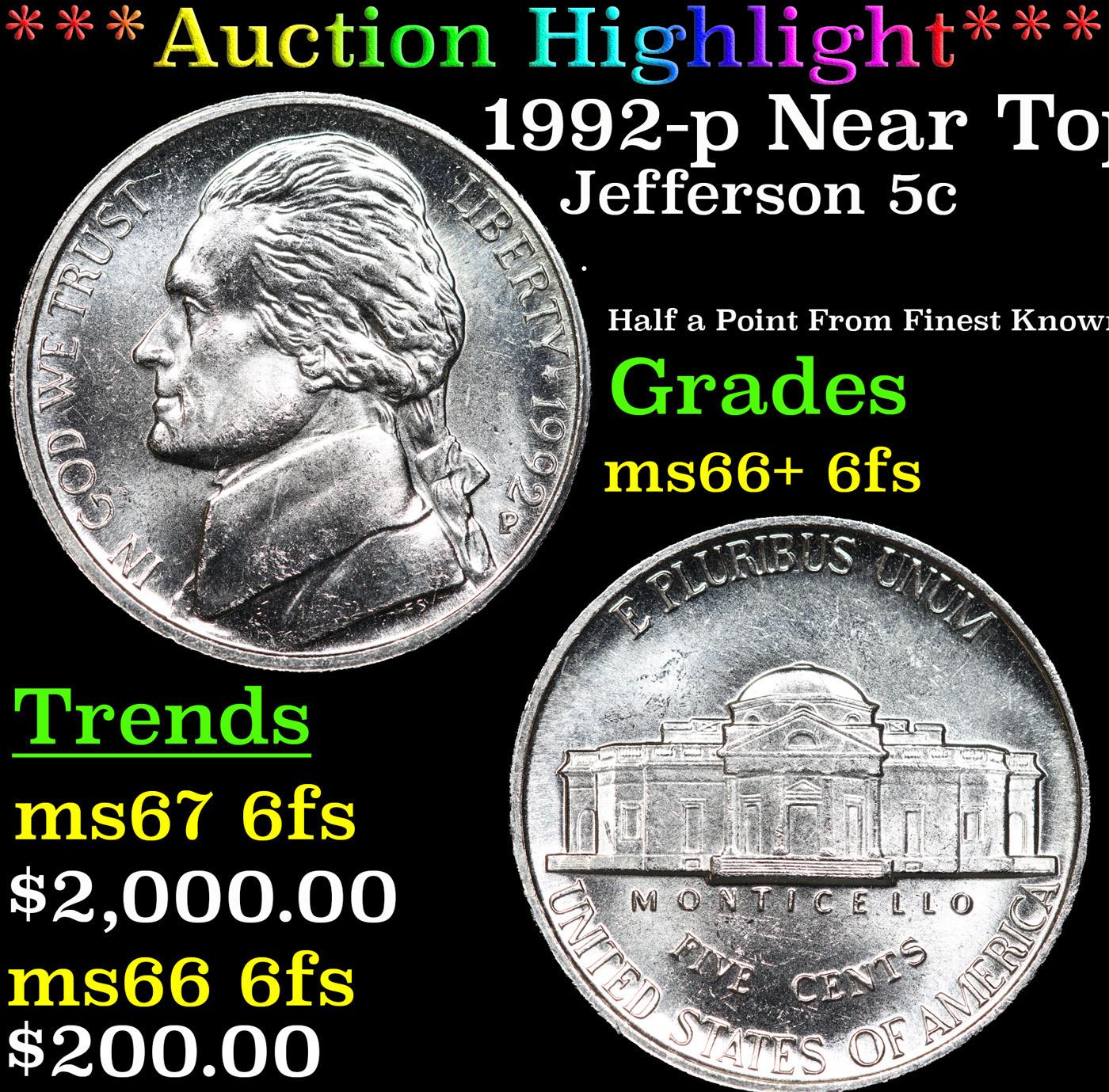 ***Auction Highlight*** 1992-p Jefferson Nickel Near Top POP! 5c Graded GEM++ 6fs BY USCG (fc)