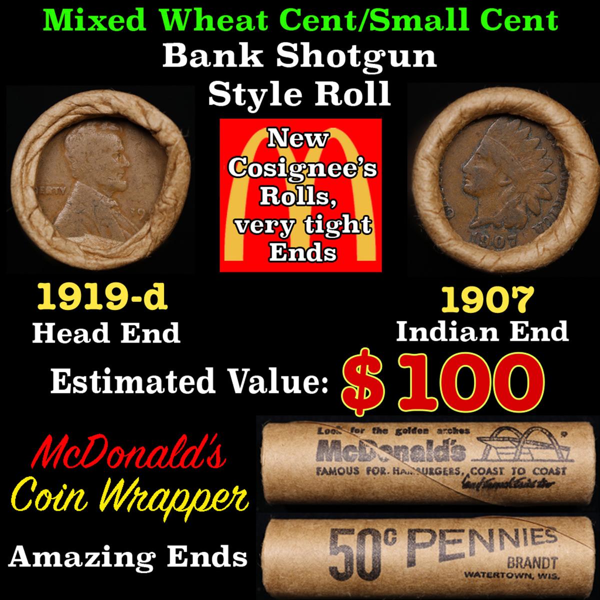 Lincoln Wheat Cent 1c Mixed Roll Orig Brandt McDonalds Wrapper, 1919-d end, 1907 Indian other end