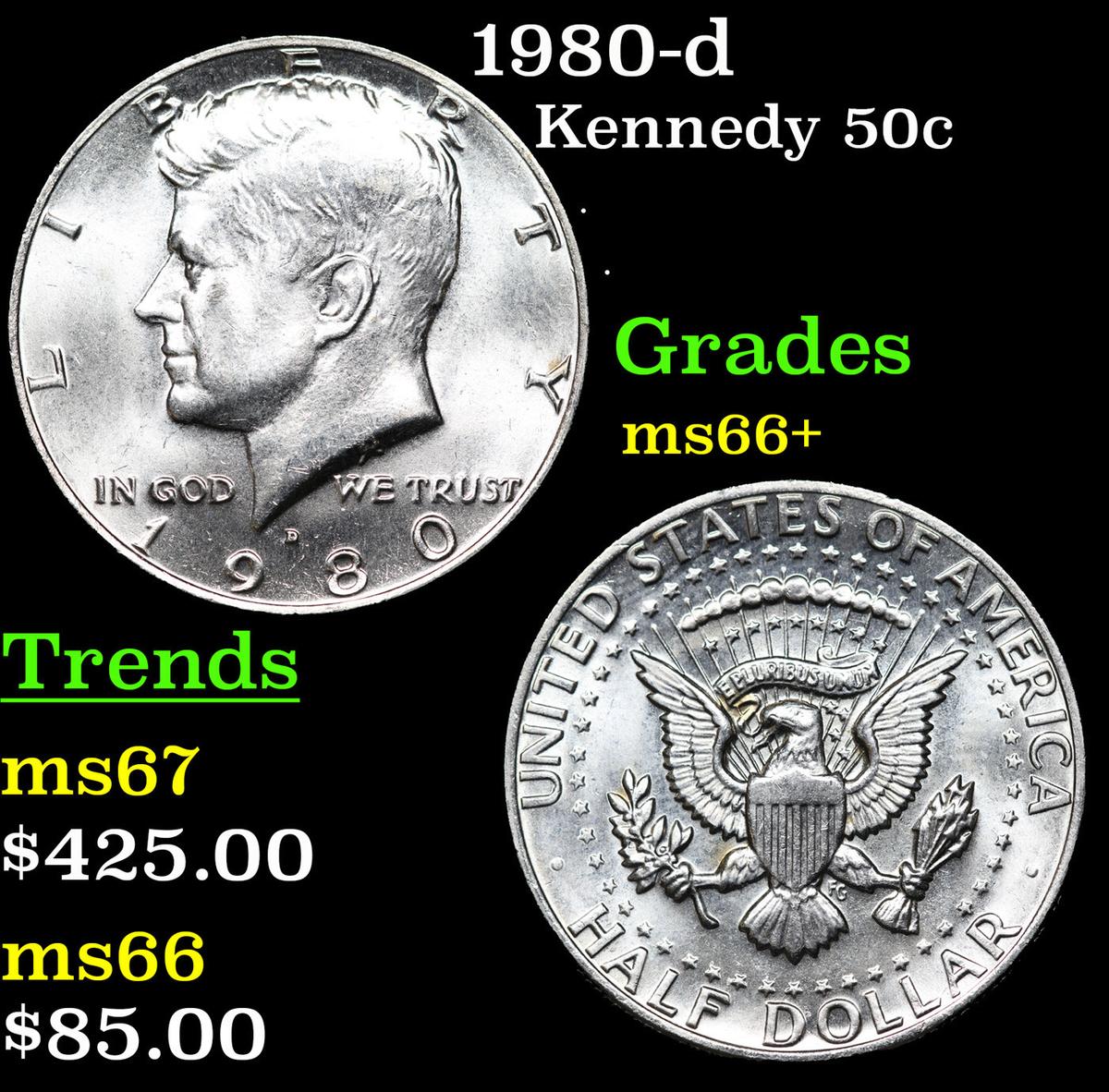 1980-d Kennedy Half Dollar 50c Grades GEM++ Unc