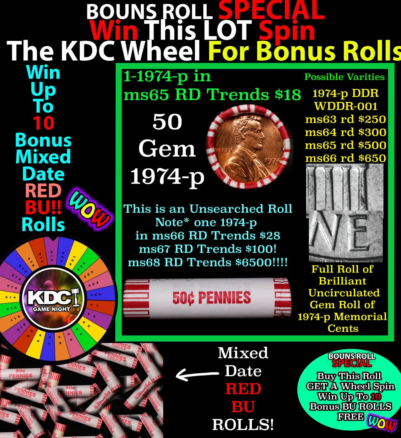 CRAZY Penny Wheel Buy THIS 1974-p solid Red BU Lincoln 1c roll & get 1-10 BU Red rolls FREE WOW