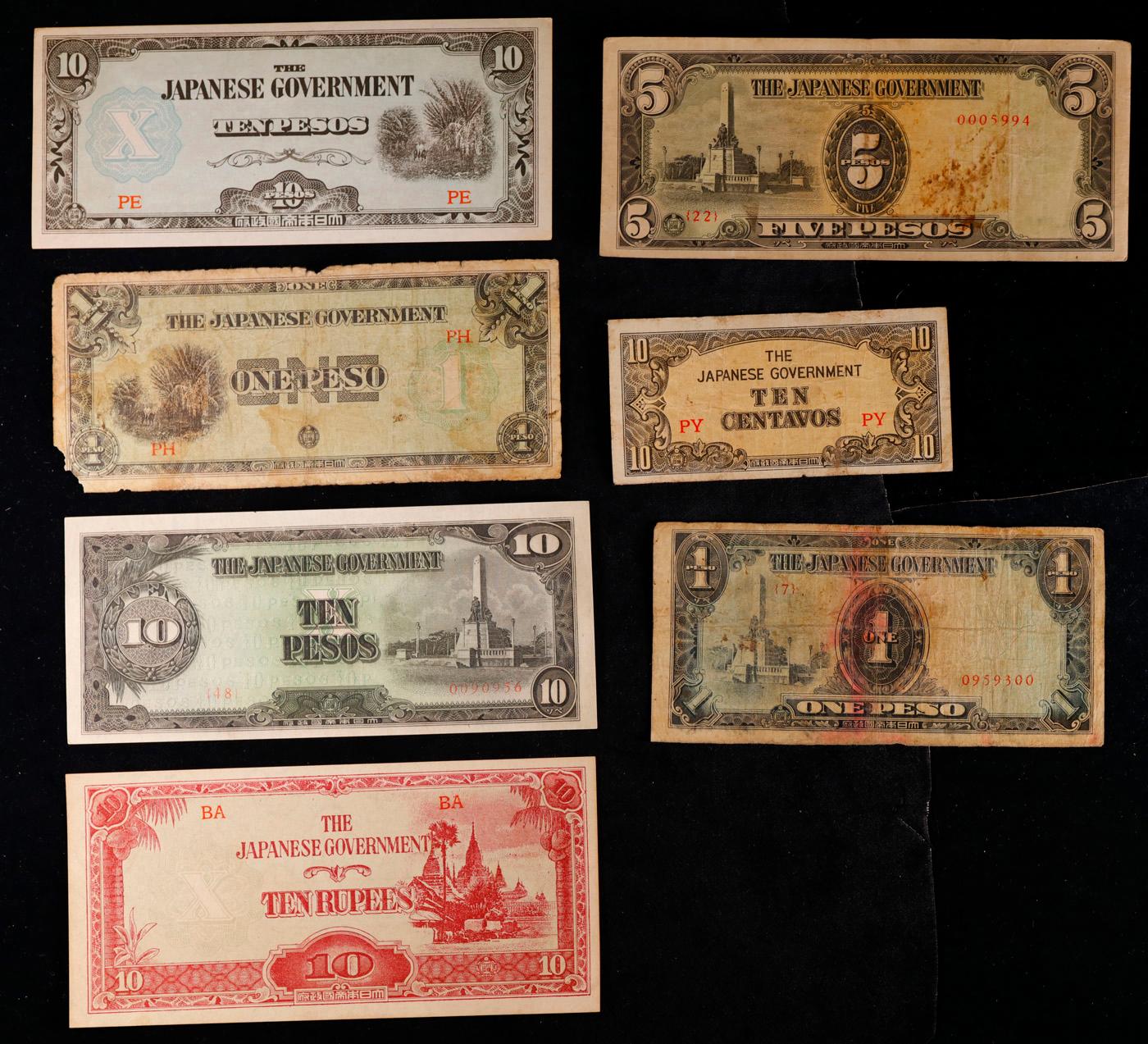 Lot of 7 WWII Japanese Invasion Money Notes - Various Countries & Denominations! Grades