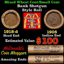 Lincoln Wheat Cent 1c Mixed Roll Orig Brandt McDonalds Wrapper, 1916-d end, 1881 Indian other end