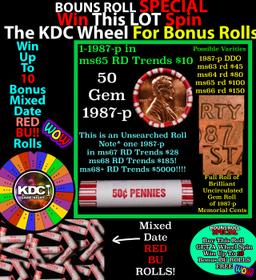 CRAZY Penny Wheel Buy THIS 1987-p solid Red BU Lincoln 1c roll & get 1-10 BU Red rolls FREE WOW