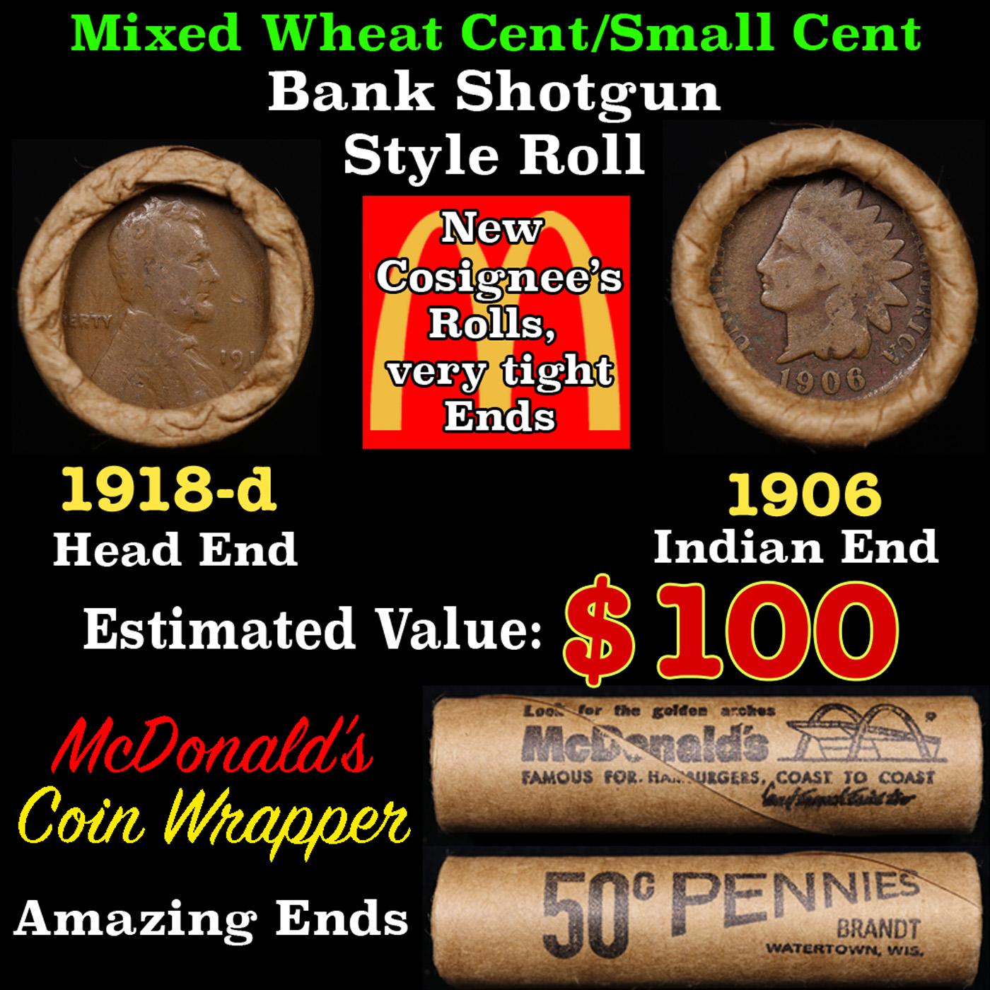 Lincoln Wheat Cent 1c Mixed Roll Orig Brandt McDonalds Wrapper, 1918-d end, 1906 Indian other end