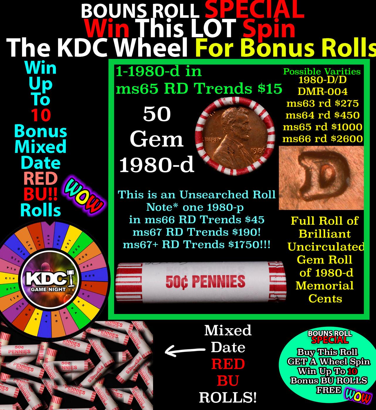 CRAZY Penny Wheel Buy THIS 1980-d solid Red BU Lincoln 1c roll & get 1-10 BU Red rolls FREE WOW