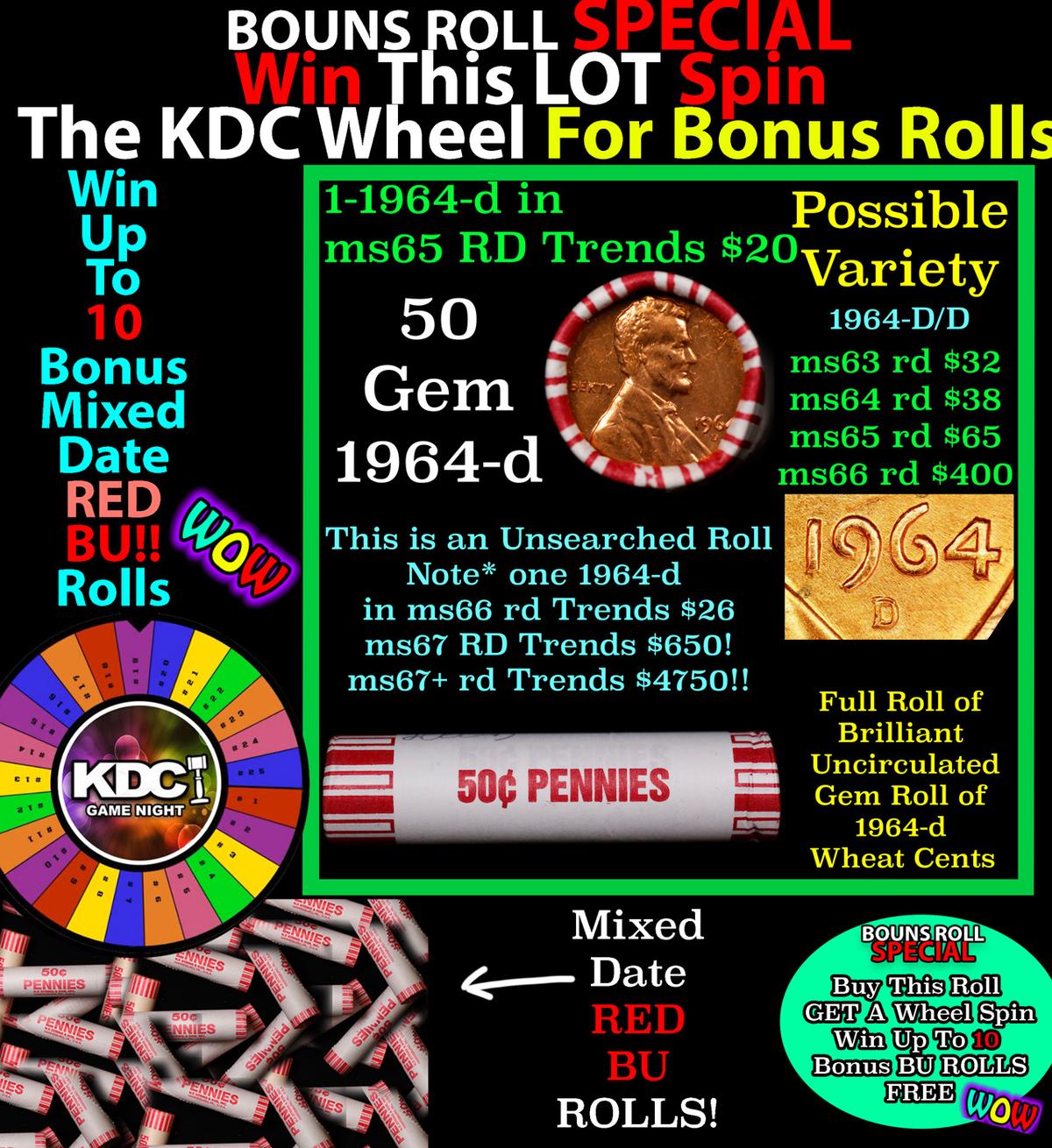 CRAZY Penny Wheel Buy THIS 1964-d solid Red BU Lincoln 1c roll & get 1-10 BU Red rolls FREE WOW