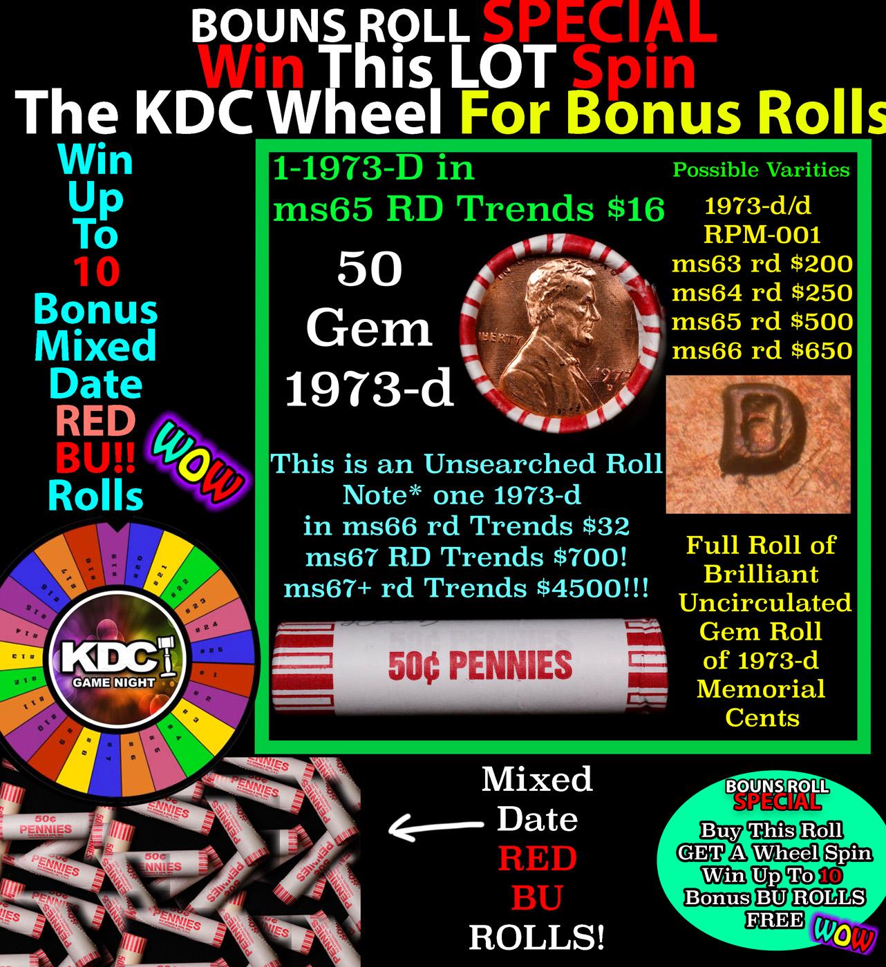 CRAZY Penny Wheel Buy THIS 1973-d solid Red BU Lincoln 1c roll & get 1-10 BU Red rolls FREE WOW