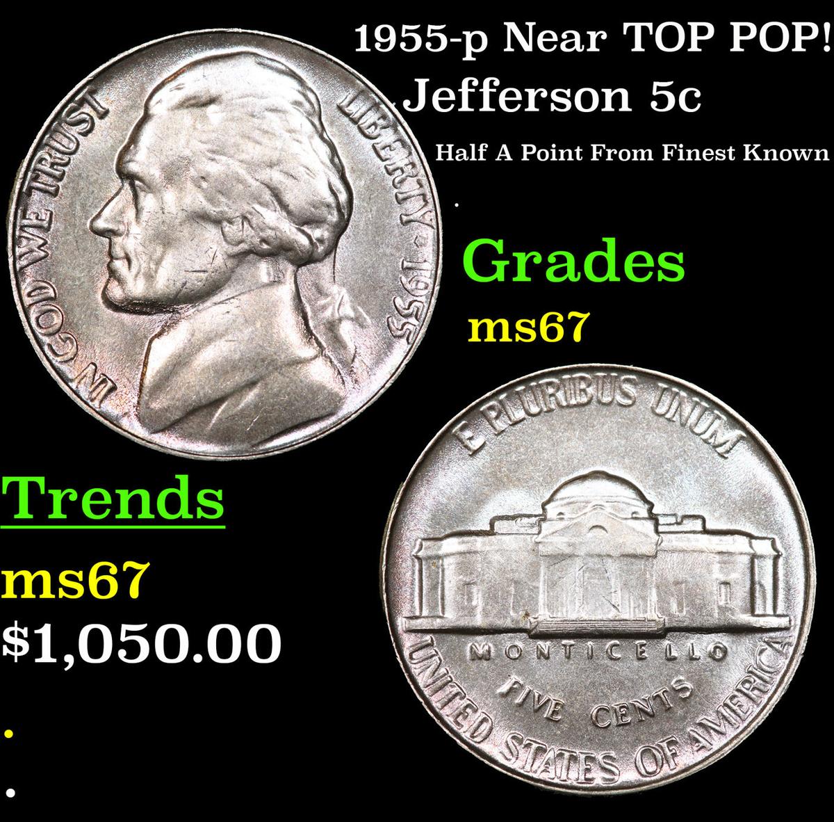 1955-p Jefferson Nickel Near TOP POP! 5c Grades GEM++ Unc by USCG