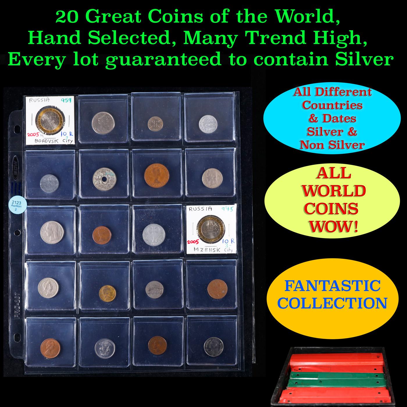 20 Great Coins of the World, hand selected, many trend high, every lot guaranteed to contain Silver.