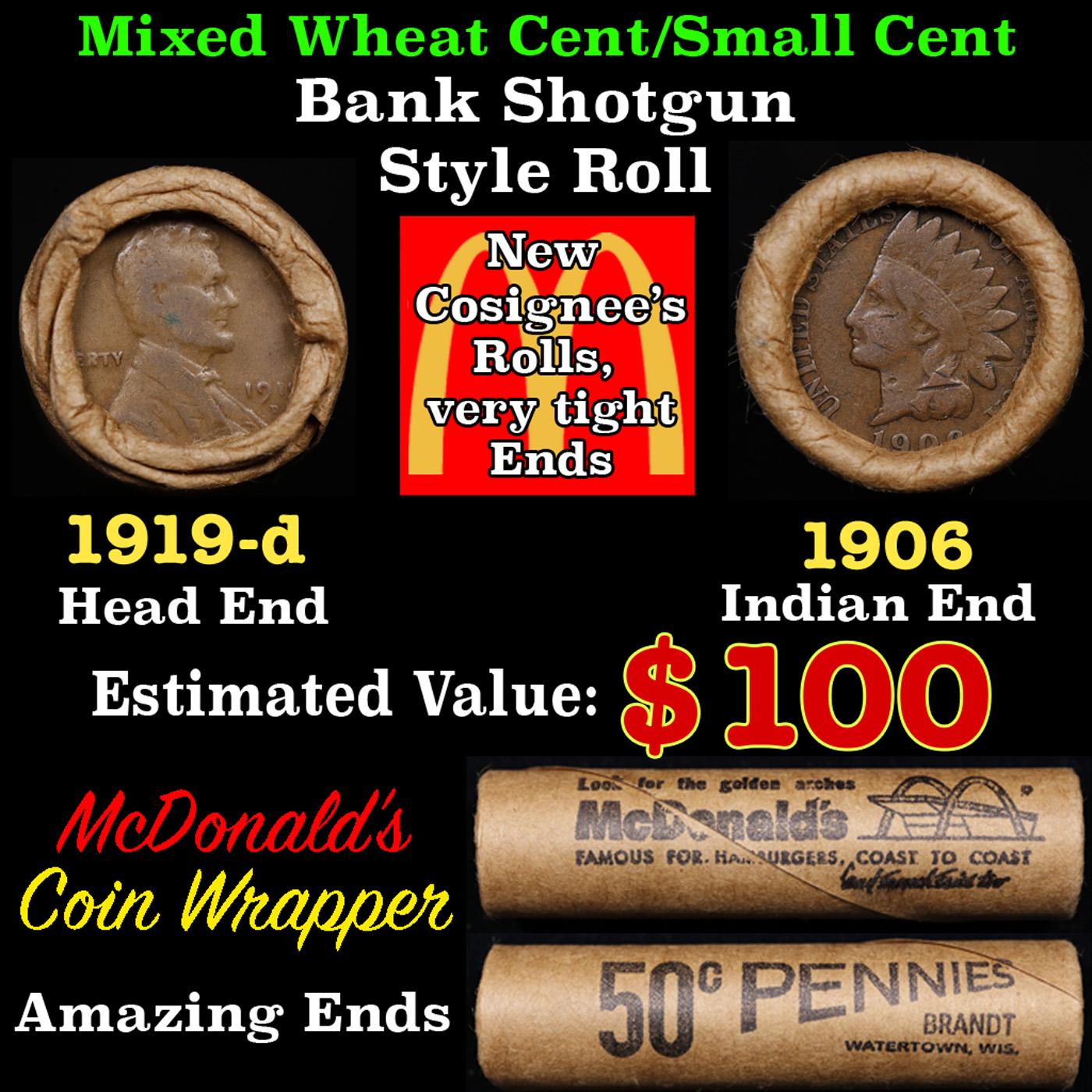 Lincoln Wheat Cent 1c Mixed Roll Orig Brandt McDonalds Wrapper, 1919-d end, 1906 Indian other end