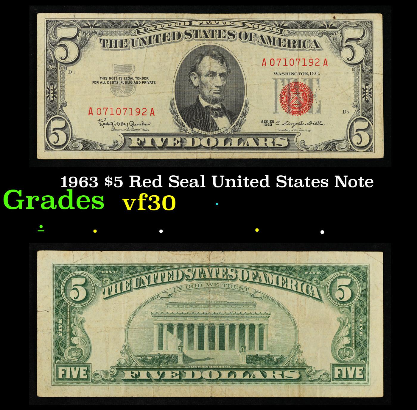 1963 $5 Red Seal United States Note Grades vf++