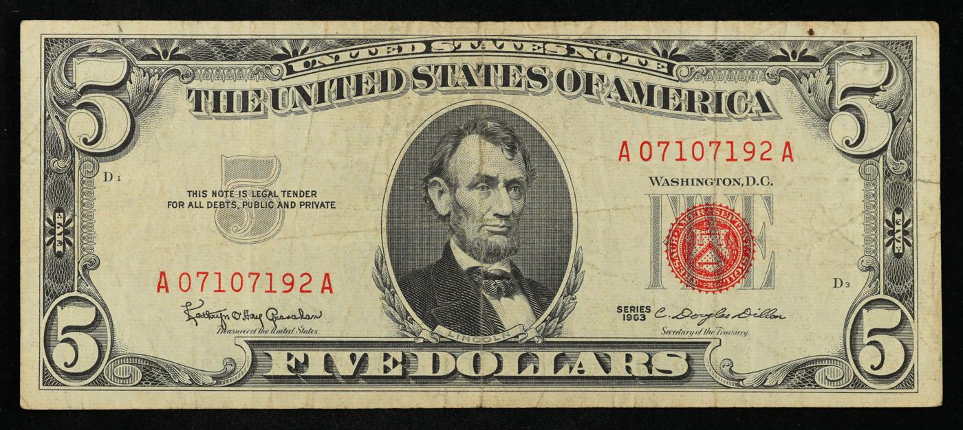 1963 $5 Red Seal United States Note Grades vf++