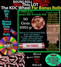 CRAZY Penny Wheel Buy THIS 2001-p solid Red BU Lincoln 1c roll & get 1-10 BU Red rolls FREE WOW