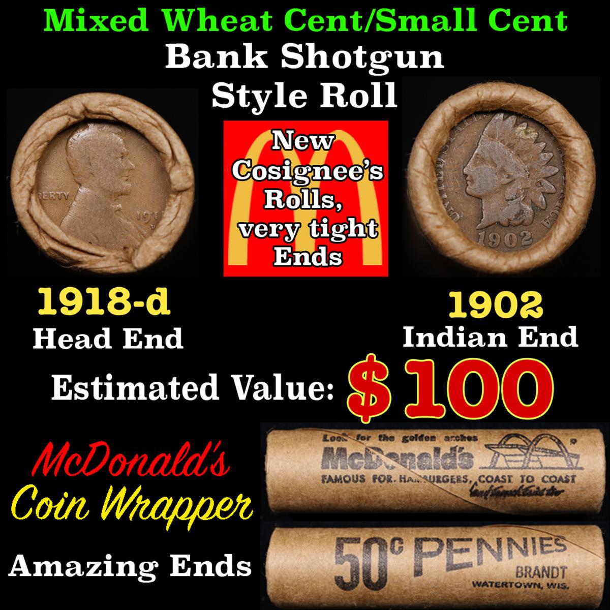 Lincoln Wheat Cent 1c Mixed Roll Orig Brandt McDonalds Wrapper, 1918-d end, 1902 Indian other end