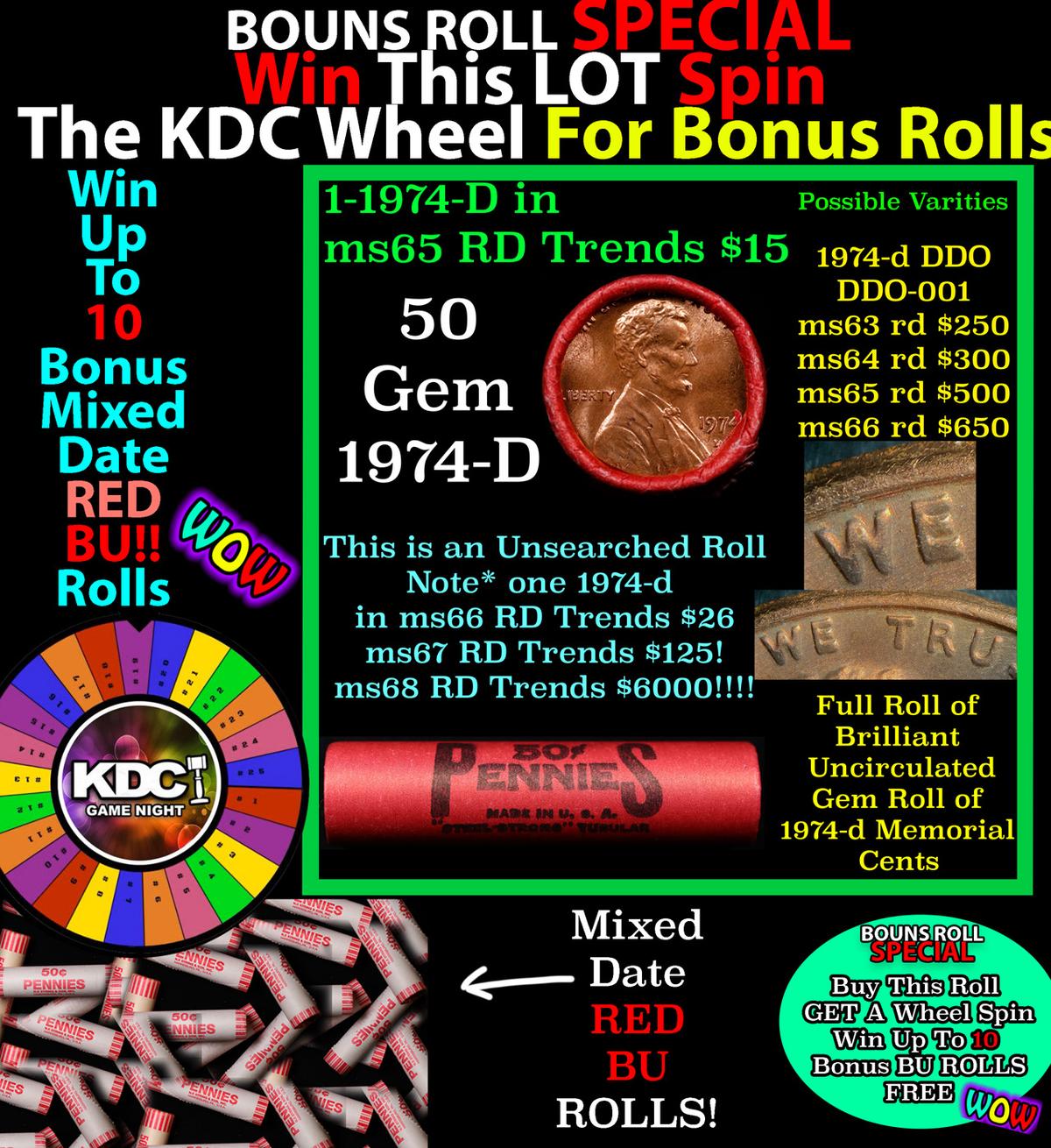 INSANITY The CRAZY Penny Wheel 1000’s won so far, WIN this 1974-d BU RED roll get 1-10 FREE