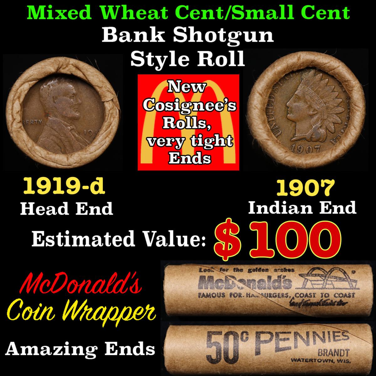 Lincoln Wheat Cent 1c Mixed Roll Orig Brandt McDonalds Wrapper, 1919-d end, 1907 Indian other end