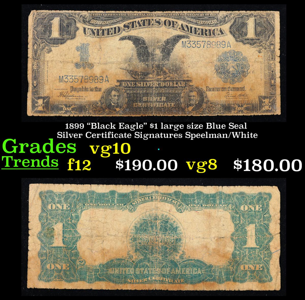 1899 "Black Eagle" $1 large size Blue Seal Silver Certificate Grades vg+ Signatures Speelman/White