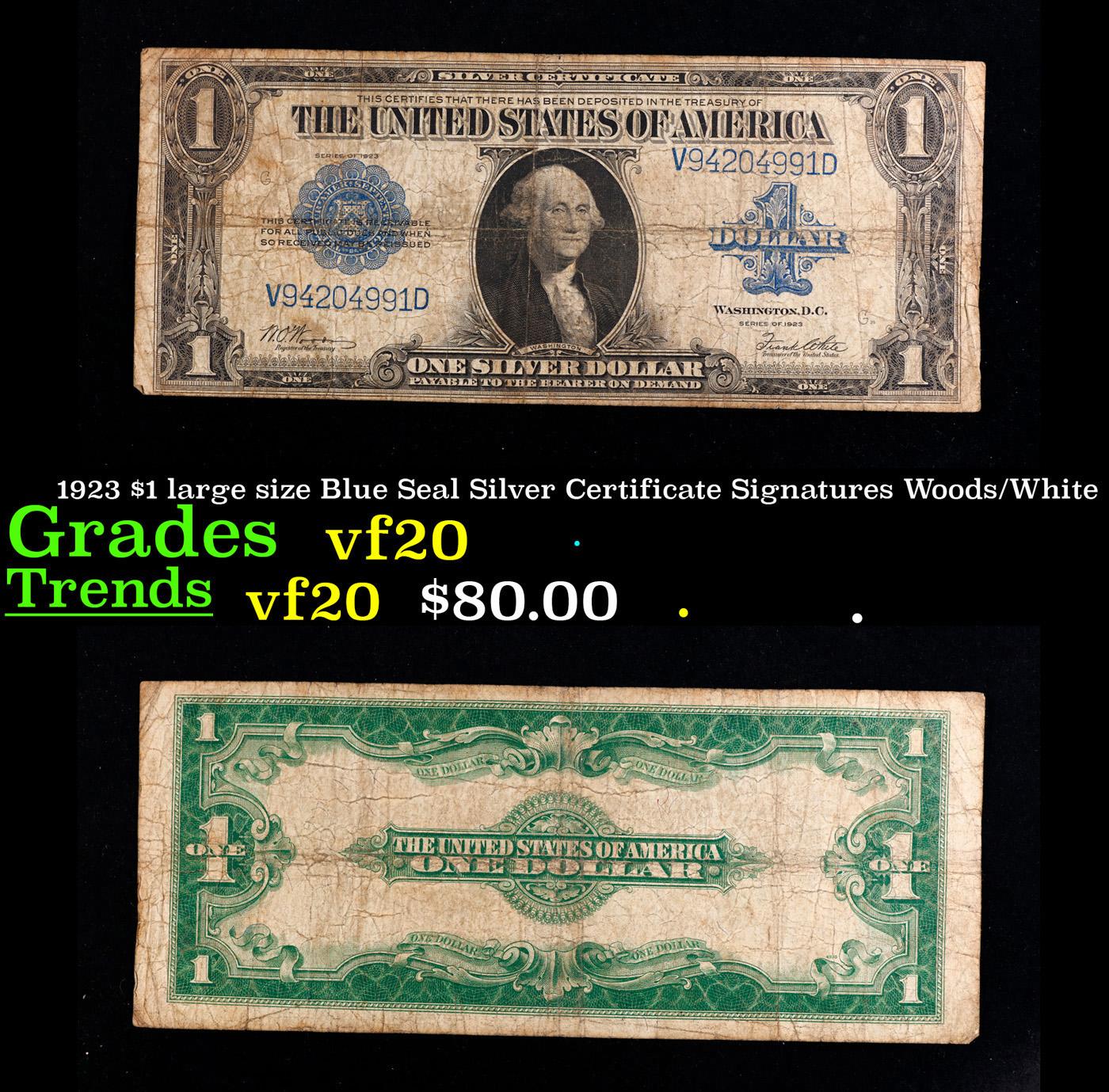 1923 $1 large size Blue Seal Silver Certificate Grades vf, very fine Signatures Woods/White