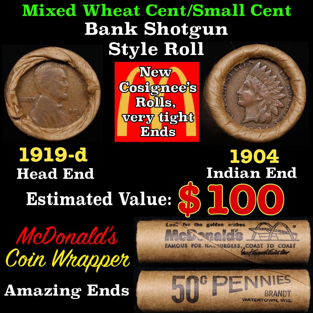 Lincoln Wheat Cent 1c Mixed Roll Orig Brandt McDonalds Wrapper, 1919-d end, 1904 Indian other end