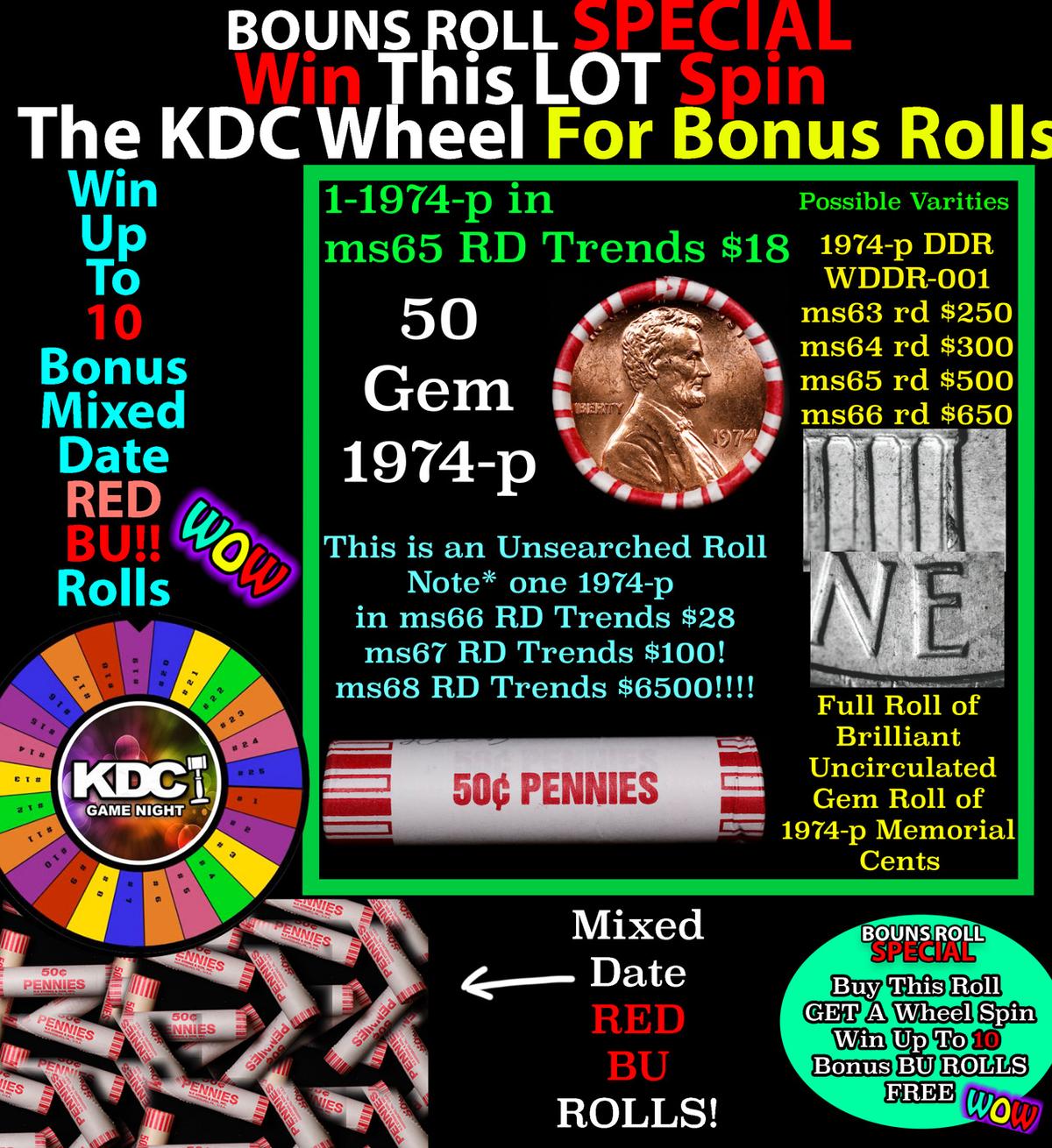 INSANITY The CRAZY Penny Wheel 1000’s won so far, WIN this 1974-p BU RED roll get 1-10 FREE