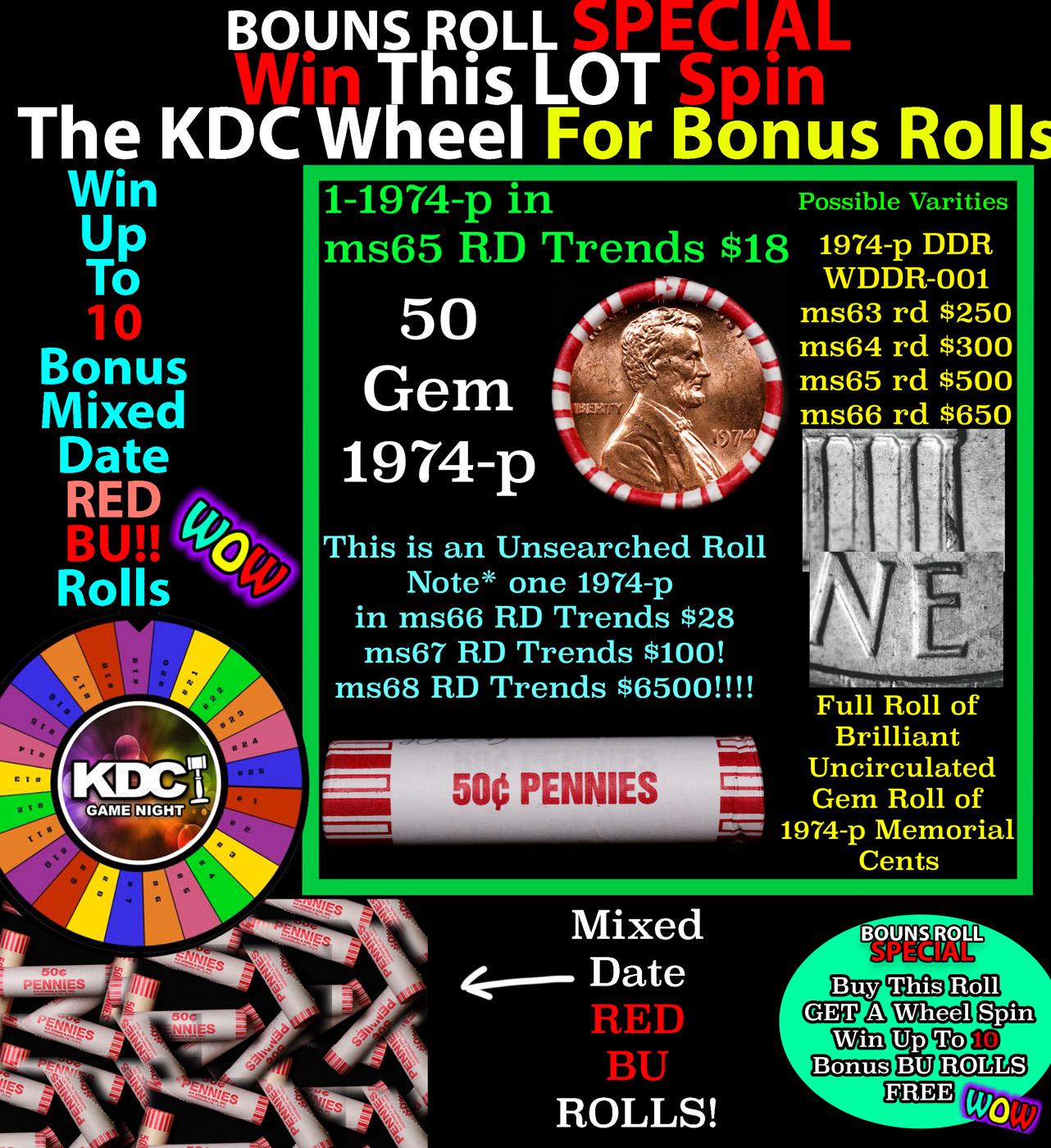 INSANITY The CRAZY Penny Wheel 1000’s won so far, WIN this 1974-p BU RED roll get 1-10 FREE