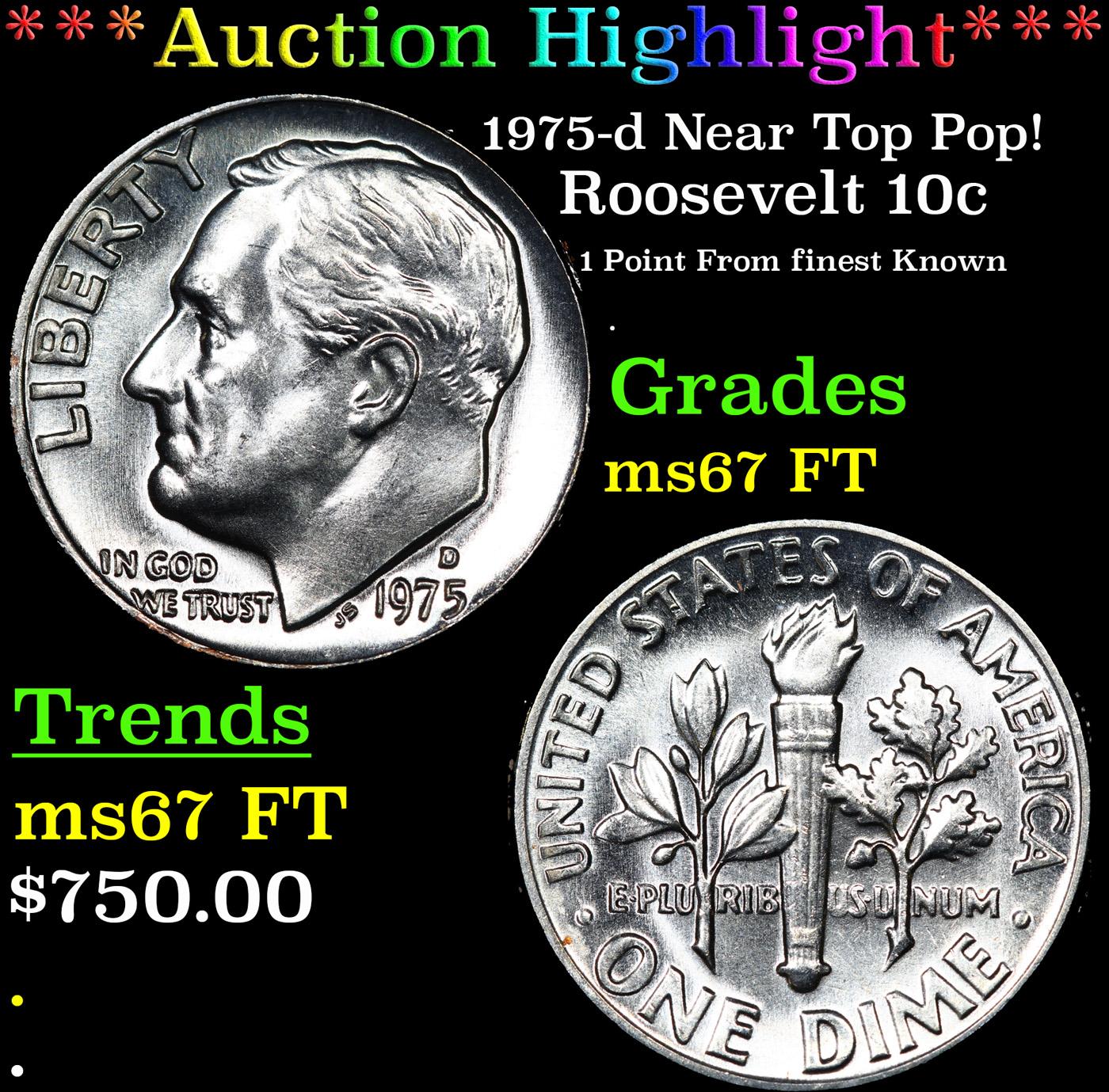 ***Auction Highlight*** 1975-d Roosevelt Dime Near Top Pop! 10c Graded Gem++ Full Bands BY USCG (fc)