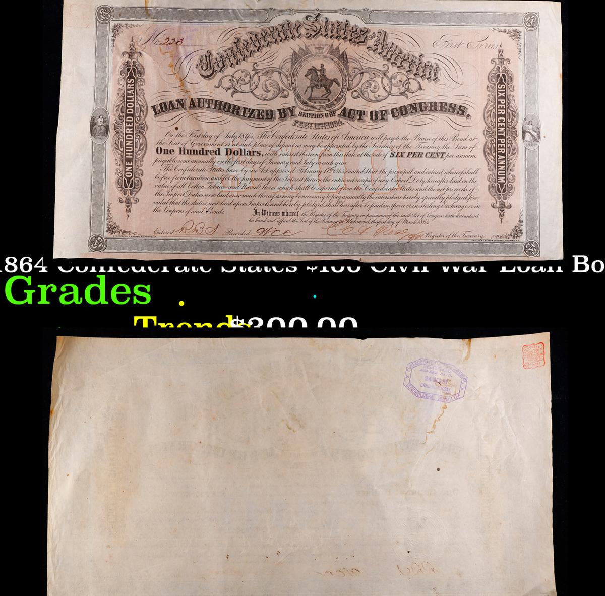 1864 Confederate States $100 Civil War Loan Bond Grades