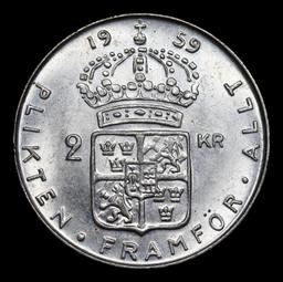 1959 TS Sweden 2 Kronor Silver KM# 827 Grades Select Unc