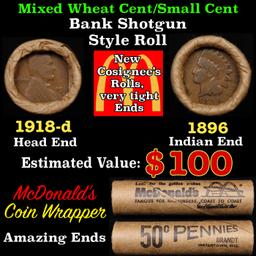 Lincoln Wheat Cent 1c Mixed Roll Orig Brandt McDonalds Wrapper, 1918-d end, 1896 Indian other end