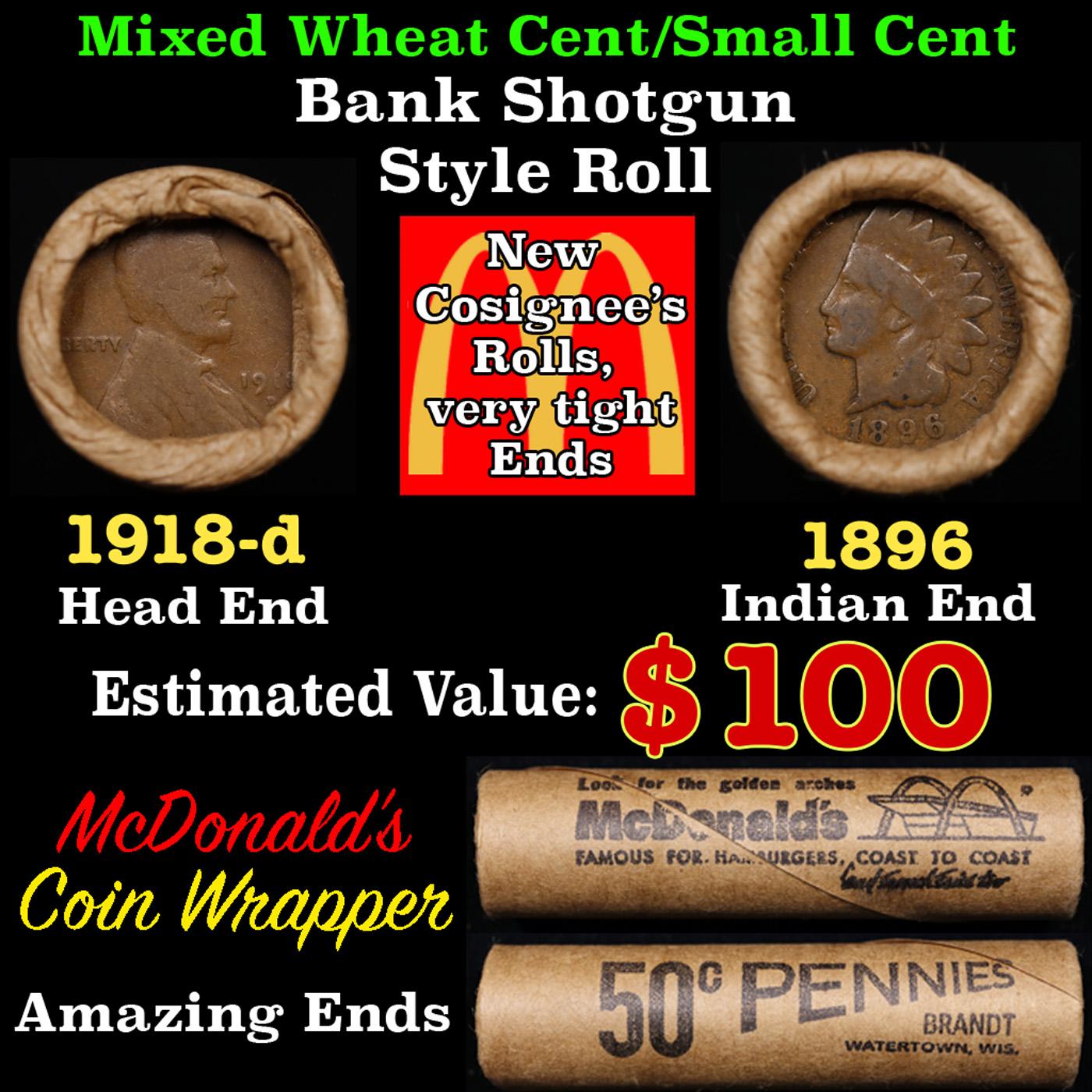 Lincoln Wheat Cent 1c Mixed Roll Orig Brandt McDonalds Wrapper, 1918-d end, 1896 Indian other end