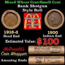 Lincoln Wheat Cent 1c Mixed Roll Orig Brandt McDonalds Wrapper, 1916-d end, 1900 Indian other end