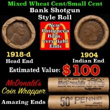 Lincoln Wheat Cent 1c Mixed Roll Orig Brandt McDonalds Wrapper, 1918-d end, 1904 Indian other end