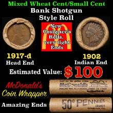Lincoln Wheat Cent 1c Mixed Roll Orig Brandt McDonalds Wrapper, 1917-d end, 1902 Indian other end